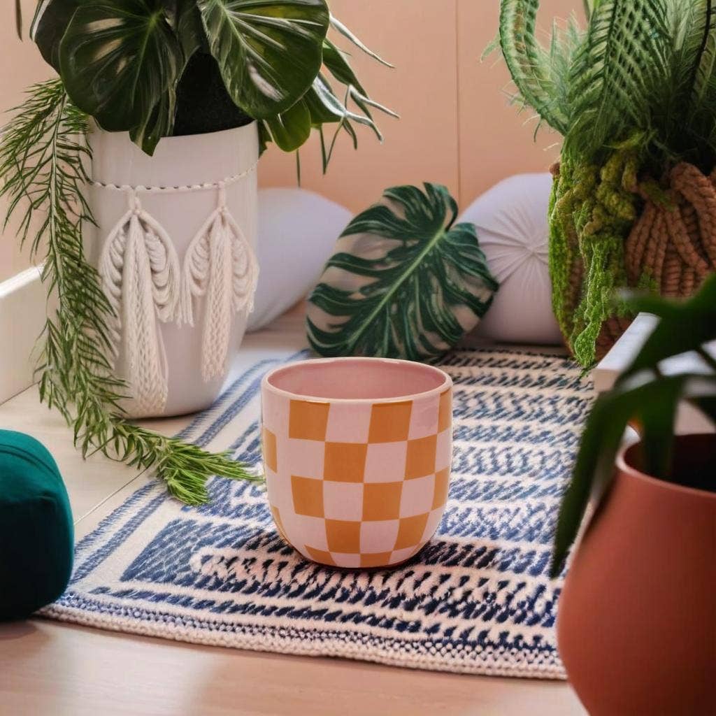 Checkered Print Ceramic Planters- 4.5in Diameter