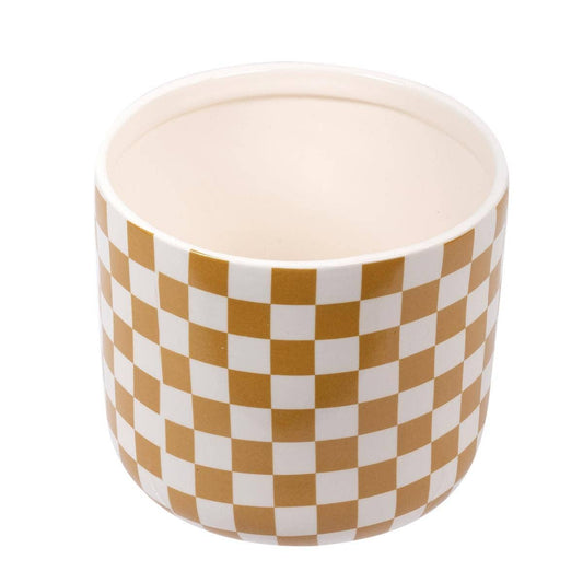 Neutral Checkered Ceramic Planter- 5.6in Diameter x 5.1in Height