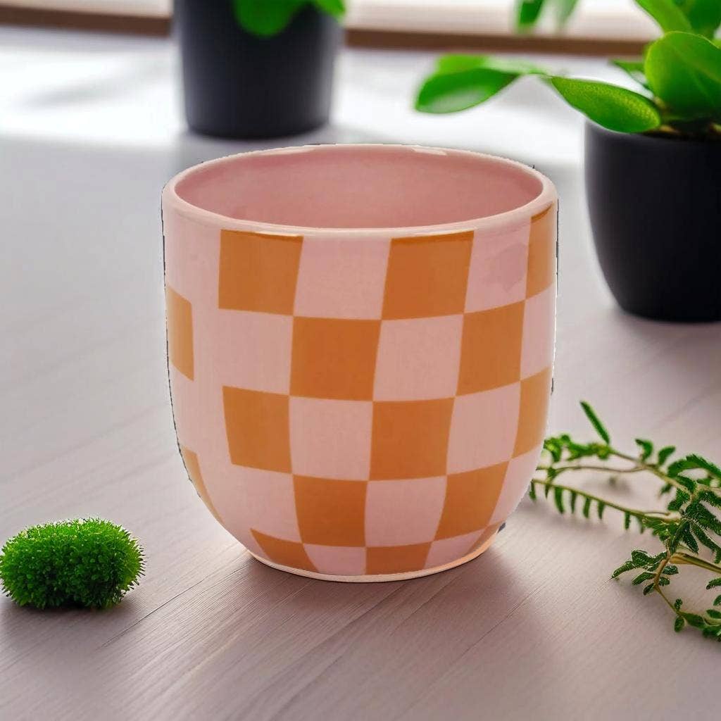 Checkered Print Ceramic Planters- 4.5in Diameter