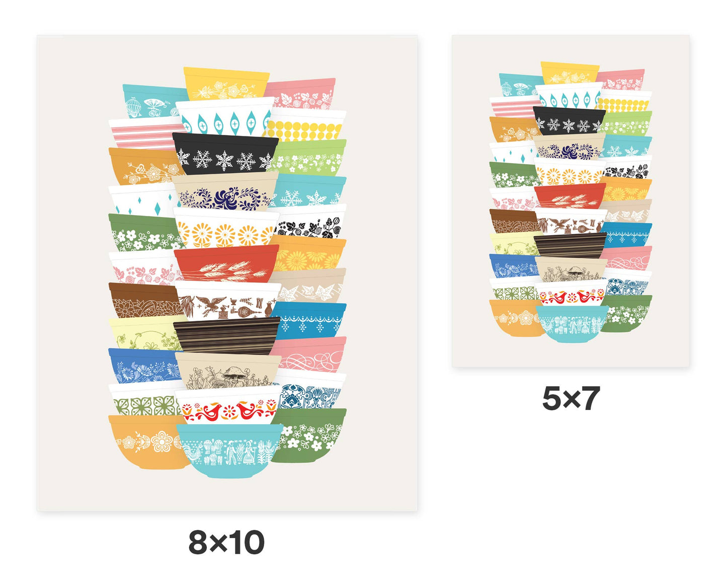 Pyrex-Inspired Bowl Stacks Print – Retro Kitchen Wall Art