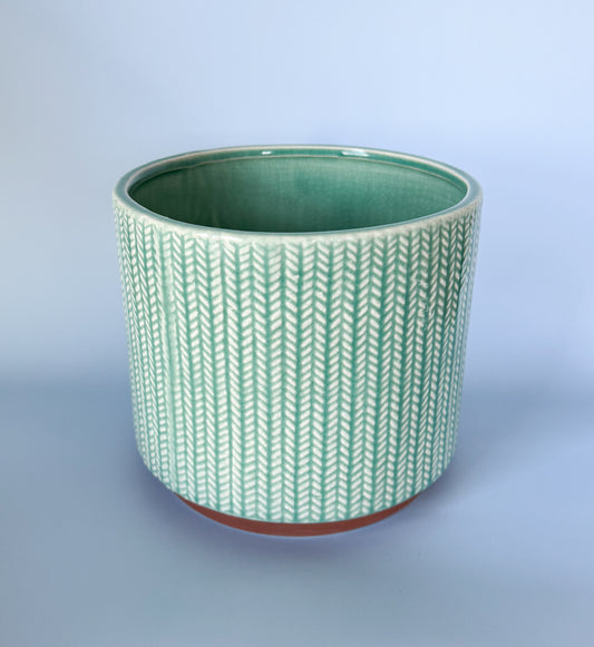 Teal Herringbone Pattern Ceramic Planter- 7in