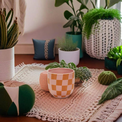 Checkered Print Ceramic Planters- 4.5in Diameter